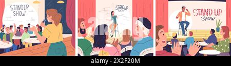 Comédiens sur scène. Monologue comédien stand-up et auditoire riant, homme exécutant un événement comique à microphone ouvert standup humour show speech laugh public Classy vector illustration de comédie live show Illustration de Vecteur