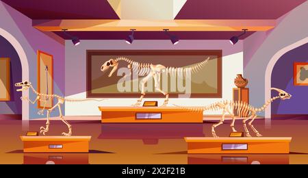 Musée paléontologique. Archéologie histoire fossile exposition intérieur de dessins animés, animaux éteints dinosaures squelette osseux ancien monde préhistorique paléontologie illustration vectorielle du musée archéologique Illustration de Vecteur