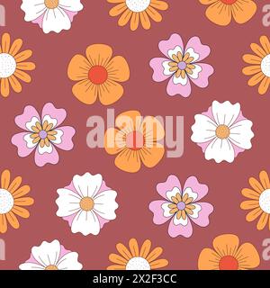 Motif floral vintage rétro. Fleurs dessinées à la main simples sur fond Bourgogne. Illustration vectorielle Illustration de Vecteur
