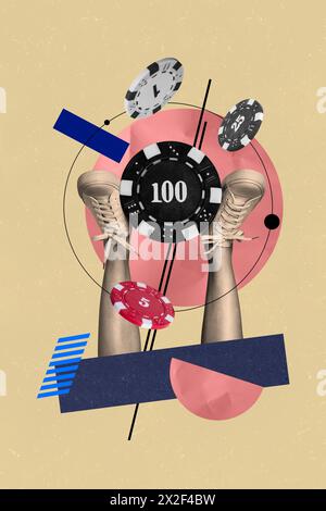 Collage vertical image casino jeu Internet jetons de fortune combinaison de jambes de femme chaussures sneakers dessin fond Banque D'Images