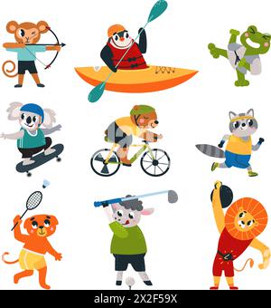 Animaux athlétiques de dessin animé. Animal de sport avec équipement et outils. Football, basket-ball et course à pied. Entraînement de pilates de fitness, ensemble vectoriel classe Illustration de Vecteur