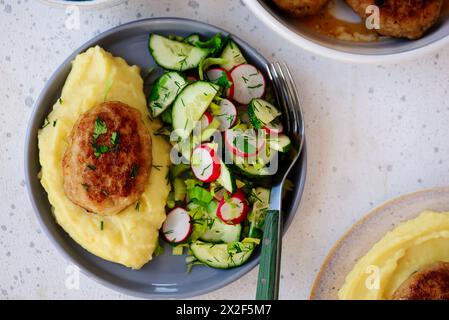 Côtelettes de poulet sur une assiette avec purée de pommes de terre et salade de légumes frais.Top veiw.selective Focus Banque D'Images