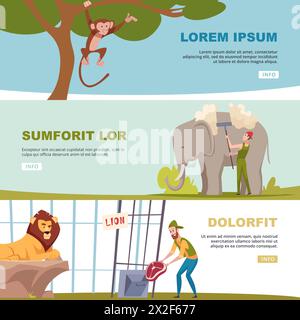 Bio bannières animaux dans le style de dessin animé vivant dans la cage du zoo Illustration de Vecteur