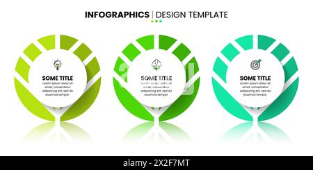 Modèle d'infographie avec icônes et 3 options ou étapes. Cercles verts. Peut être utilisé pour la mise en page de flux de travail, diagramme, bannière, webdesign. Illustration vectorielle Illustration de Vecteur