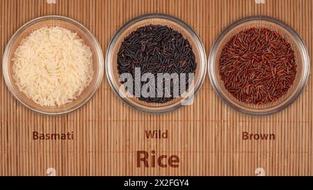 Trois bols transparents présentent différentes variétés de riz - Basmati, Wild et Brown. L'assortiment représente divers grains utilisés dans le Cu international Banque D'Images