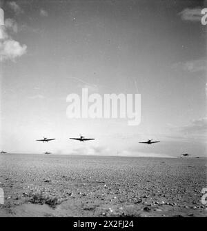 Trois Hawker Hurricane Mark I de l'escadron No. 1 de la SAAF décollent de MSU, en Libye, suivis d'une autre paire, lors des opérations de la Royal Air Force en Afrique du Nord entre 1939 et 1943. Banque D'Images