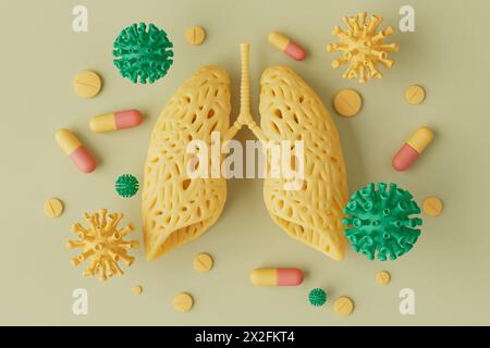 Poumons modèle d'organe, pilules et virus d'infection respiratoire sur fond jaune. Rendu 3D. Banque D'Images