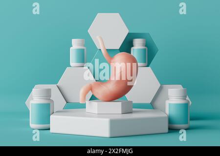 Anatomie de l'estomac humain organe interne et pots médicaux avec des pilules ou des vitamines sur un podium sur un fond bleu. Rendu 3D. Banque D'Images