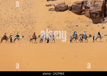 Les touristes font un tour en train à dos de chameau à travers le désert du Sahara, sur les rives du Nil. Assouan. Égypte Banque D'Images