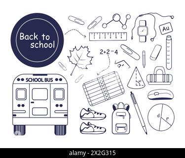 Remettez-vous au plan de la rentrée scolaire. Griffonner. Isolé sur fond blanc. Illustration vectorielle plate. Dessiné à la main. Banque D'Images