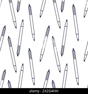 Modèle sans couture avec stylo de bureau pour l'école. Elément de ligne vectorielle isolé sur fond blanc. Couleur bleu foncé. Banque D'Images