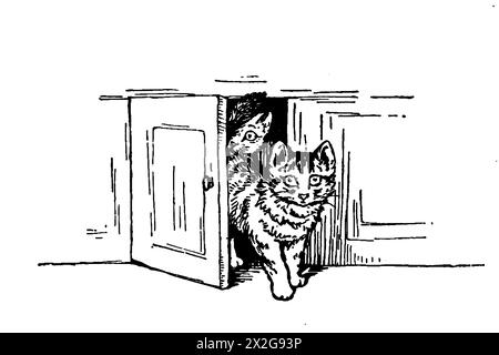 Croquis noir et blanc d'un chat jetant un coup d'œil derrière une porte Banque D'Images