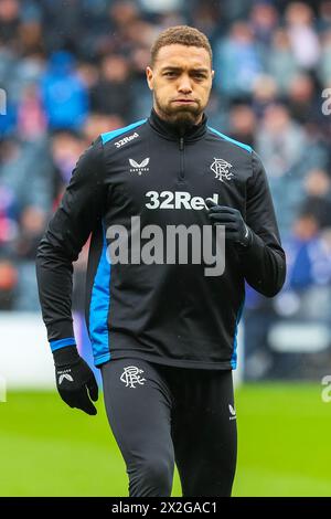 CYRIEL Dessers, footballeur professionnel, joue actuellement pour les Rangers. Image prise lors d'un entraînement et d'une séance d'échauffement avant match. Banque D'Images