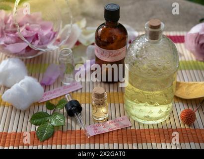 L'huile essentielle de rose est utilisée pour ses propriétés relaxantes, déstressantes et soulageuses d'humeur. Pétales de Rosa damascena. Banque D'Images