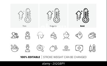 Thermomètre, crème solaire et icônes de ligne de masque médical. Pour l'application Web, impression. Icônes de ligne. Vecteur Illustration de Vecteur