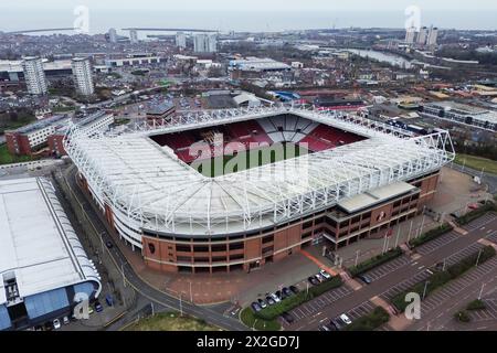 Une vue aérienne du stade de lumière de l'AFC de Sunderland à Sunderland, comté de Durham, Angleterre le dimanche 3 mars 2024 (photo : Michael Driver | mi News) Banque D'Images