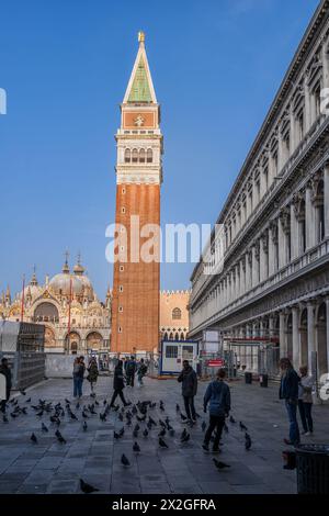 Venise, Italie - 19 mars 2024 - parfait Campanile de Marc, clocher de la basilique Saint-Marc, personnes et pigeons sur la place Saint-Marc. Banque D'Images