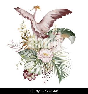 Ibis rose avec fleurs et feuilles tropicales. Illustration aquarelle d'un flamant rose. Sauvagine du parc américain. Banque D'Images