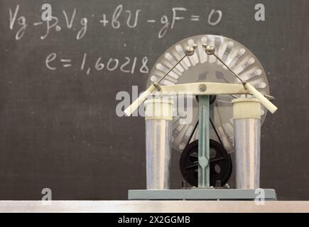 Wimshurst influence Machin, formule écrite au tableau noir en arrière-plan Banque D'Images