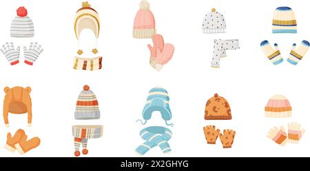 Accessoires chauds pour l'hiver. Chapeaux tricotés, moufles et gants, foulards. Tissu de saison pour enfants et adultes, éléments élégants de bande dessinée Illustration de Vecteur