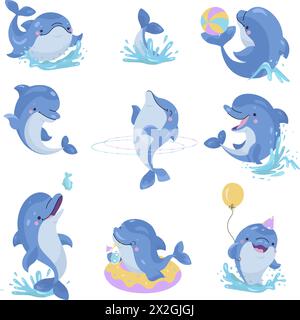 Des dauphins de dessins animés. Drôle de jeu de dauphin, sauter et manger. Spectacle de divertissement animalier artiste dans différentes poses. Personnages sous-marins mignons de nos jours ensemble de vecteurs Illustration de Vecteur