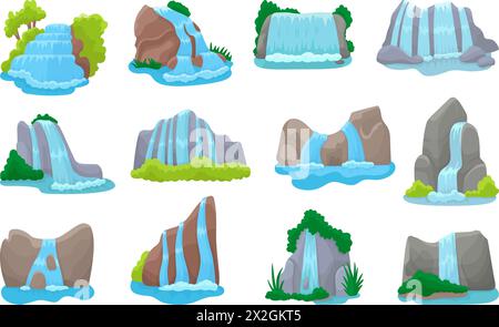 Ensemble cascade nature. Dessins animés de cascades isolées, montagnes ou rochers, arbre, buissons et herbe. Éléments naturels pour les paysages, ensemble de vecteurs néotériques Illustration de Vecteur
