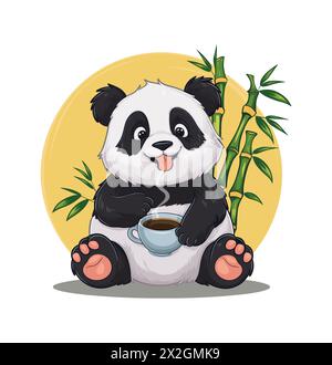 Un ours de panda de dessin animé est assis avec une tasse de café Illustration de Vecteur