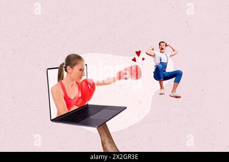 Croquis image composite tendance illustration collage photo de femme forte apparaissent à partir de l'ordinateur portable combat poing homme dans l'amour envoyer coeur amour couple date Banque D'Images