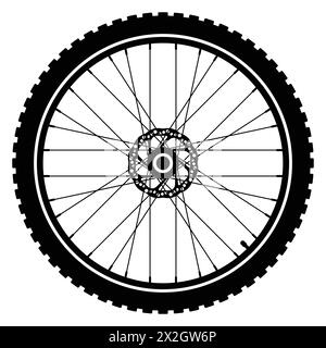 Icône vectorielle de pneu de roue de vélo. Conception de modèle de symbole de logo de roue. Caoutchouc pour moto-moto. Pneu de montagne. Soupape. Cycle de fitness. Silhouette noire. Illustration de Vecteur