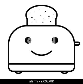 Mignon joyeux sourire sourire grille-pain icône de ligne de personnage. Grille-pain de dessin animé avec toast. Griller du pain. Symbole de contour noir. Illustration vectorielle. Illustration de Vecteur