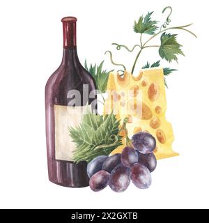 Bouteille de vin rouge rose éclaboussée avec verre de vin, brunch aux raisins rouges, fruits, figues et illustration aquarelle au fromage. Pour les conceptions de nourriture et de boissons. Les hommes du vin Banque D'Images