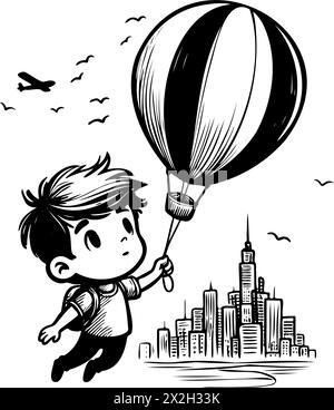 garçon tient une montgolfière et survole une ville. Le ballon est noir et blanc Illustration de Vecteur