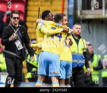 Blackburn, Royaume-Uni. 21 avril 2024. L'attaquant de Sheffield mercredi Anthony Musaba (45 ans) célèbre son but lors du match Blackburn Rovers contre Sheffield Wednesday SkyBet EFL Championship à Ewood Park, Blackburn, Royaume-Uni le 21 avril 2024 Credit : Every second Media/Alamy Live News Banque D'Images