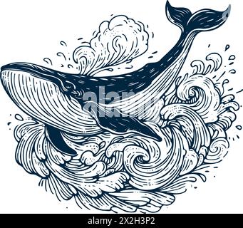 la baleine nage dans l'océan avec sa queue battant. l'eau est agitée et la baleine est entourée de vagues Illustration de Vecteur