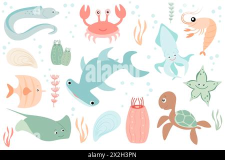 Ensemble avec des créatures marines. Plat, style dessin animé. Animaux des mers et des océans. Illustration vectorielle pour la conception. Illustration de Vecteur