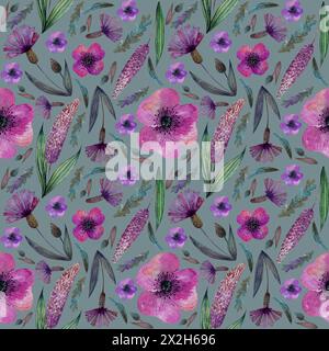 motif sans couture prairie fleurs et herbes lilas roses, bleuets, sur fond bleu gris Banque D'Images