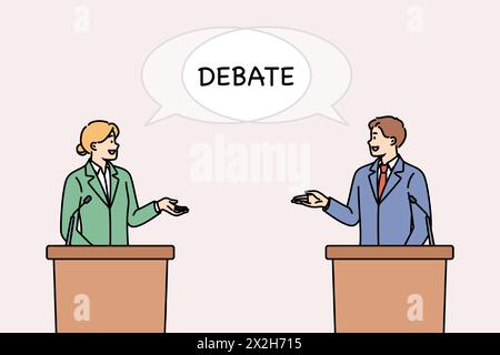 Débat entre deux politiciens debout derrière le podium et argumentant sur la manière de résoudre les problèmes de l'État. Homme et femme participent au débat, parlant des programmes politiques de leur parti. Illustration de Vecteur