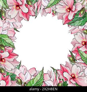Cadre aquarelle carré avec fleurs de sakura rose rose et feuilles. Banque D'Images