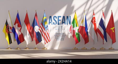 Concept de réunion de l'ASEAN. Les pays membres de l'Association des Nations de l'Asie du Sud-est de l'ANASE portent des drapeaux consécutifs. illustration 3d. Banque D'Images