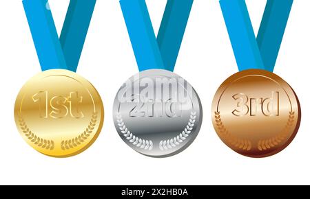 Vecteur de récompense de vainqueur de médaille de sport, d'or d'argent et de bronze sur fond blanc Illustration de Vecteur