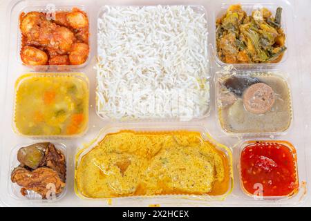 Repas Thali bengali indien mixte avec plats végétariens et non végétariens, comprenant du riz ordinaire, des plats de légumes et du curry de poisson épicé. Banque D'Images