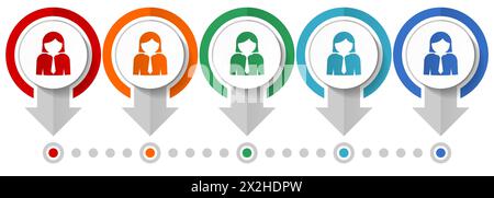 Femme, femme d'affaires, femme, personne, ensemble d'icônes vectorielles humaines, modèle infographique de conception plate, définir des icônes de concept de pointeur dans 5 options de couleur pour les webdes Illustration de Vecteur