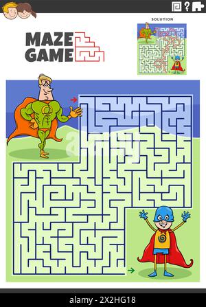 Illustration de bande dessinée de l'activité éducative de puzzle labyrinthe avec des personnages de super-héros Illustration de Vecteur