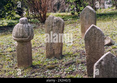 Tombes de l'époque ottomane dans l'ancien cimetière de Sarajevo, reflétant le riche patrimoine religieux et culturel de la ville. Banque D'Images