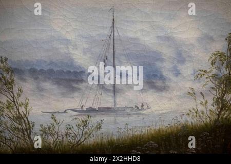 Nahaufnahme Oelgemaelde Morgennebel im Gebirge des Thueringer Landesmuseum Heidecksburg Rudolstadt, Sonderausstellung unendliche Landschaften vom Maler der Romantik Caspar David Friedrich, in der Alten Nationalgalerie, Querformat, AM 19.04.2024 in Berlin Mitte, nur fuer redaktionelle Zwecke, usage éditorial uniquement Alte Nationalgalerie etc - Berlin *** gros plan peinture à l'huile brouillard matinal dans les montagnes du Musée d'État de Thuringe Heidecksburg Rudolstadt, exposition spéciale paysages infinis du peintre romantique Caspar David Friedrich, dans la vieille Galerie nationale, format paysage, le 19 04 Banque D'Images