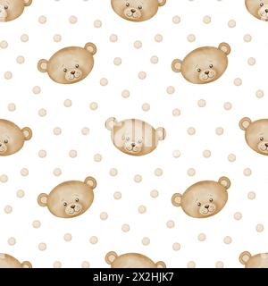 Motifs sans coutures de pépinière avec mignon ours en peluche. Fond d'aquarelle avec des personnages pour bébé. Toile de fond avec des têtes heureuses d'animaux dans des couleurs pastel pour papier peint ou conception textile enfantine. Banque D'Images