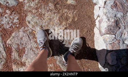 Une vue aérienne des pieds d'une femme en baskets grises sur une route de pierre avec des aiguilles de pin sèches Banque D'Images