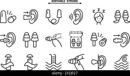 Icônes de bouchons d'oreille définir le vecteur de ligne. Contour modifiable. Dispositif antibruit. Protection des bouchons d'oreilles. Illustration simple vectorielle. Illustration de Vecteur