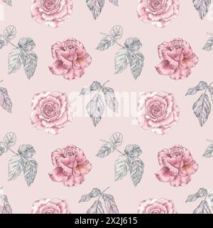 Rose pivoine rose et feuilles sans couture motif aquarelle vintage dessin à la main illustration en stiyle botanique. Impression d'art pour l'invitation de mariage de conception Banque D'Images