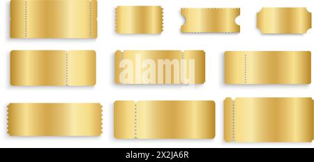 Ensemble de maquettes de billets d'or. Tirage au sort métallique brillant, loterie gagnante, offre de coupon, modèles de loto jackpot. Cartes d'entrée ou de sièges dans un style de luxe isolé sur fond blanc. Illustration vectorielle. Illustration de Vecteur